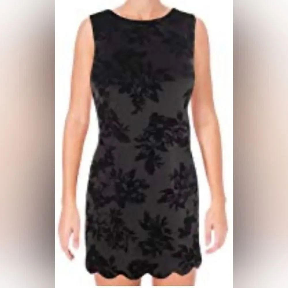 Women’s black bodycon knit flocked velvet floral cocktail dress, EUC, Sz. S
